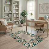 Teal Ornate Leaf Border Area Rug