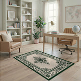 Beige and Neutral Ornate Green Floral Frame Area Rug