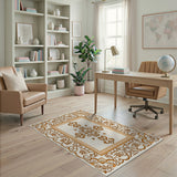 Ornate Golden Floral Border Cream Area Rug