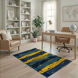 Distressed Blue Yellow Striped Area Rug