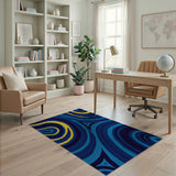 Blue Teal Abstract Swirl Area Rug with Yellow Accents