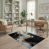 Black White Gold Marble Swirl Abstract Area Rug