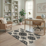 Black Damask Floral Area Rug on Ivory