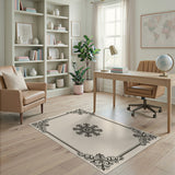 Ornate Floral Frame Area Rug in Beige Black