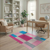 Vibrant Pink Blue Geometric Patchwork Area Rug