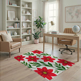 Vibrant Red Poinsettia Floral Pattern Area Rug