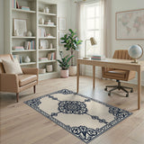 Ornate Navy Floral Medallion Area Rug - Beige