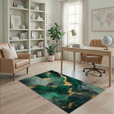 ODIKA Emerald Green and Gold Marble Washable Rug - Non-Slip Low Pile Modern Abstract Area Rug