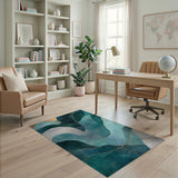 Teal Wave Abstract Area Rug with Gold Accents