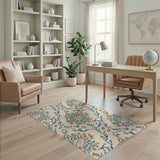 Blue Teal Floral Vine Bird Pattern Area Rug