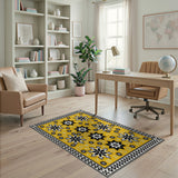 Vibrant Yellow Black Geometric Star Rug