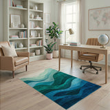 Layered Teal Waves Abstract Area Rug
