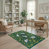 Whimsical White Cats Golden Mushrooms Green Rug
