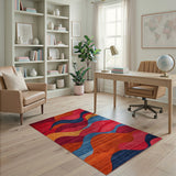 Vibrant Abstract Wave Area Rug in Red Orange Blue