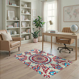 Vibrant Teal Red Mandala Tribal Area Rug