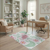 Whimsical Pink Mice Floral Leaves Area Rug