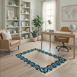 Navy Floral Border Beige Area Rug
