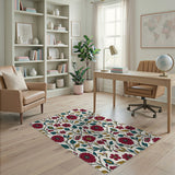 Vibrant Red Gerbera Floral Rug with Teal Leaves