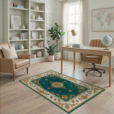 Elegant Teal Gold Floral Medallion Rug