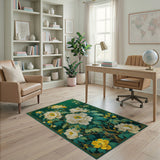 Floral Vintage Emerald Green White Peony Floral Area Rug
