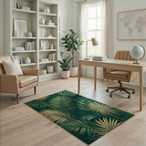 Emerald Green Palm Monstera Leaf Rug with Gold Accents