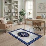 ODIKA Washable Nautical Compass Area Rug - Navy Blue & Gold Vintage Low Pile, Non-Slip Pet & Kid Friendly