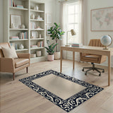 Ornate Navy Ivory Border Beige Area Rug