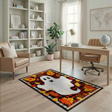 Buffalo Plaid Halloween Ghost Rug with Fall Leaves