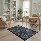 Black White Hibiscus Floral Area Rug