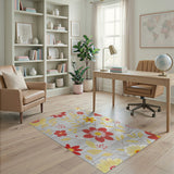 Vibrant Red Yellow Floral on Grey Woven Rug