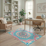 Teal Pink Mandala Floral Area Rug