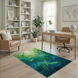 Blue and Teal Green Leaf Abstract Area Rug