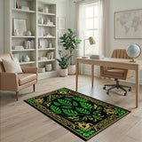 Ornate Green Fern Leaves Rug with Gold Baroque Frame