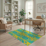 Vibrant Yellow Blue Swirl Geometric Area Rug