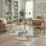Layered Chevron Geometric Area Rug in Teal Beige