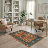 Teal Bordered Terracotta Southwestern Area Rug