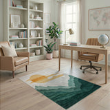 Golden Sun Over Layered Teal Mountains Rug