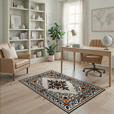 Ornate Cream Area Rug with Orange Fleur-de-Lis Border