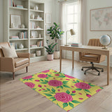 Vibrant Pink Roses on Sunny Yellow Floral Rug