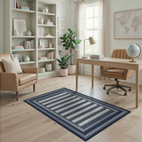 Navy Blue and Grey Striped Geometric Rug