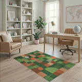 ODIKA Washable Green Geometric Checkered Area Rug - Low Pile, Non-Slip & Pet Friendly