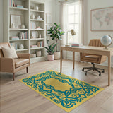 Golden Yellow Area Rug with Teal Celtic Knot Border