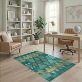 Blue and Teal Teal Gold Southwestern Geometric Area Rug