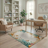 Coastal Beach Coastal Starfish Seashell Border Area Rug