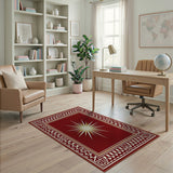 ODIKA Washable Low Pile Area Rug - Deep Red Sunburst Vintage Geometric Non-Slip Rug