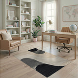 Modern Beige Area Rug with Black Curved Shapes