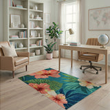 Blue Teal Hibiscus Floral Washable Area Rug