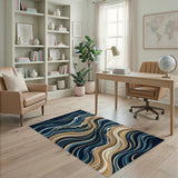 ODIKA Abstract Ocean Wave Washable Area Rug - Low Pile, Non-Slip, Modern Coastal Decor