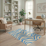 Abstract Blue Waves Area Rug on Cream Beige