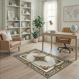 Ornate Gold Navy Bordered Ivory Area Rug